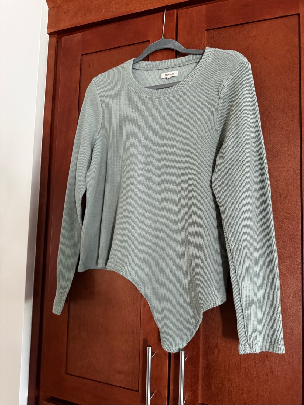 Madewell Sage Green Ribbed Long Sleeve Asymmetrical Hem Crewneck Top